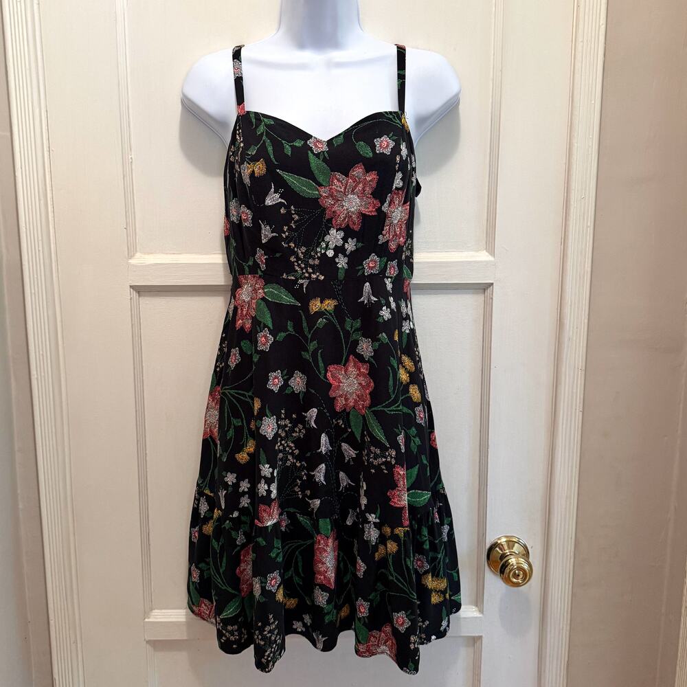 Black Floral Tiered Cami Dress S Smocked Back Ruffle Hem Whimsigoth Cottagecore